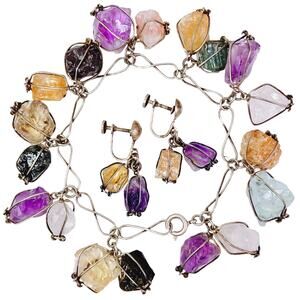 VTG Mid Century Silver Raw Gemstone Bracelet Earrings Set Screw Back 1940s-50s
